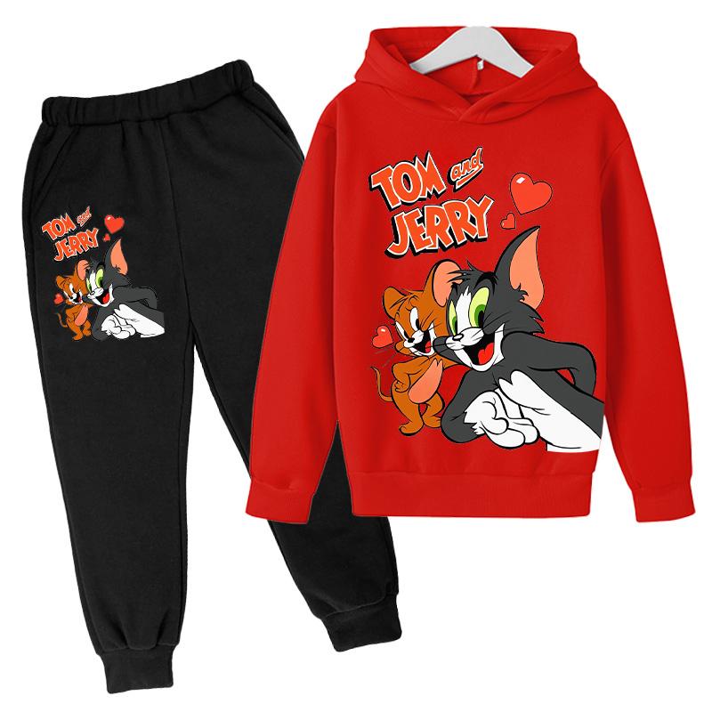 2026Autumn Casual tom jerry Cartoon Kids Boys Girls Print cool Long Sleeve Fleece Hooded Sweatshirt Long Pants Suit Festival Outdoor