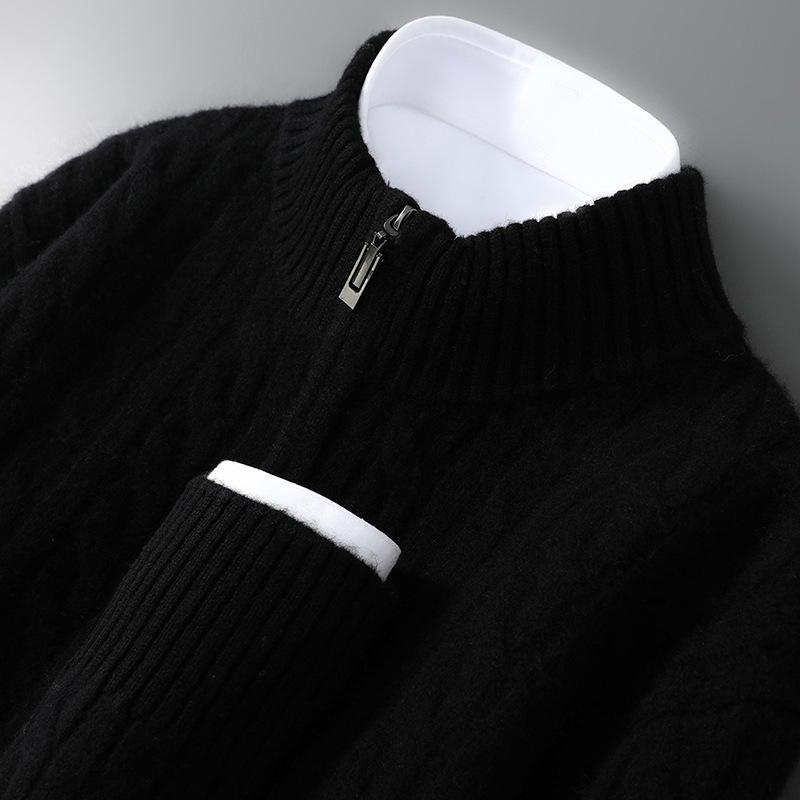 Men's Pure Wool Half-High Collar Cable Knit Zipper Sweater - Thick & Loose for Autumn/Winter