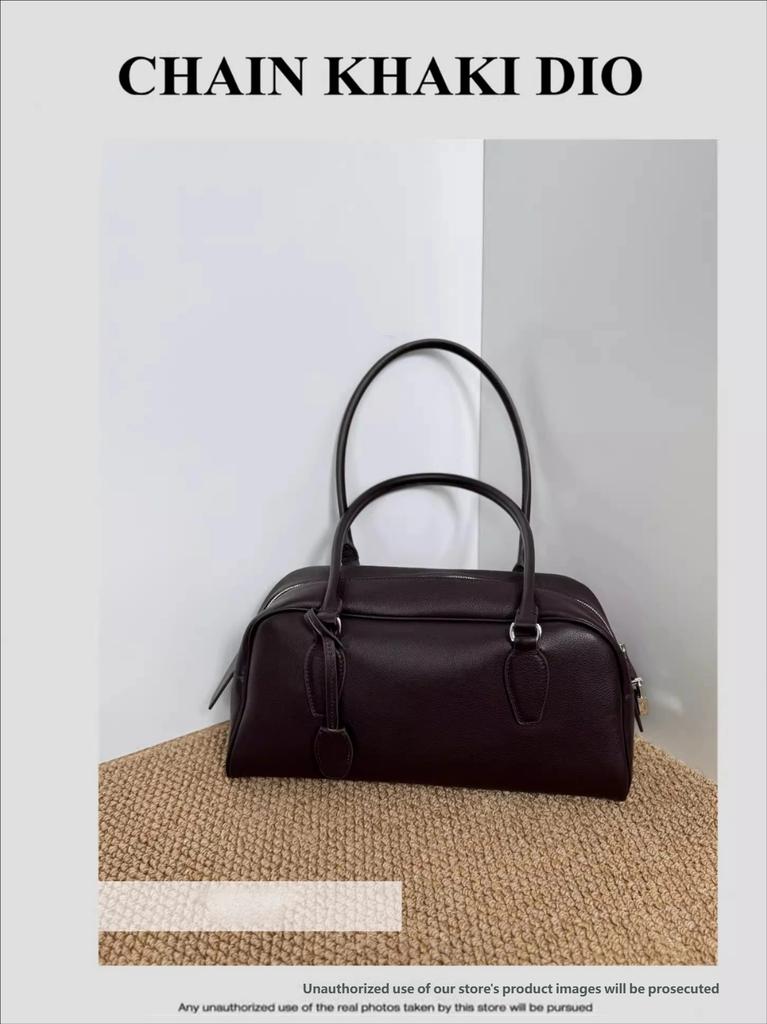 French-Style Niche Design Bag, First-Layer Cowhide Bowling Bost Bag, High-End Shoulder Underarm Handbag for Women