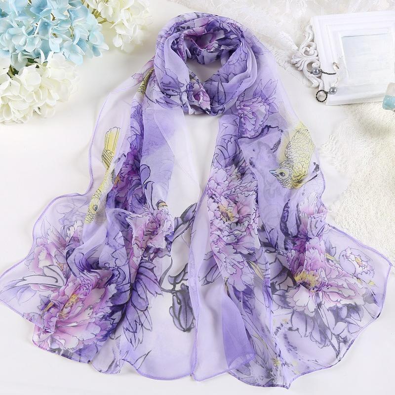 Summer Korean Version of The Season Silk Scarf Sunscreen Scarf Rich Peony Ladies Chiffon Long Silk Scarf Gauze Scarf