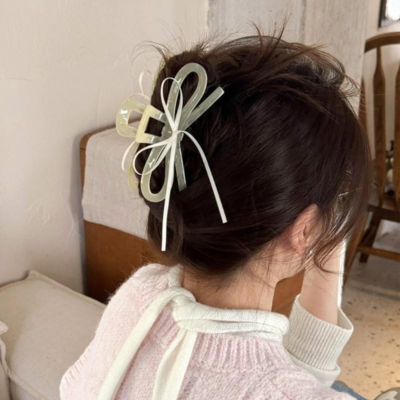 Lightweight Ergonomic Hair Claw Clip With Ribbon Bows Practical Acrylic Hairpin Hair Ornament For Office School Styling