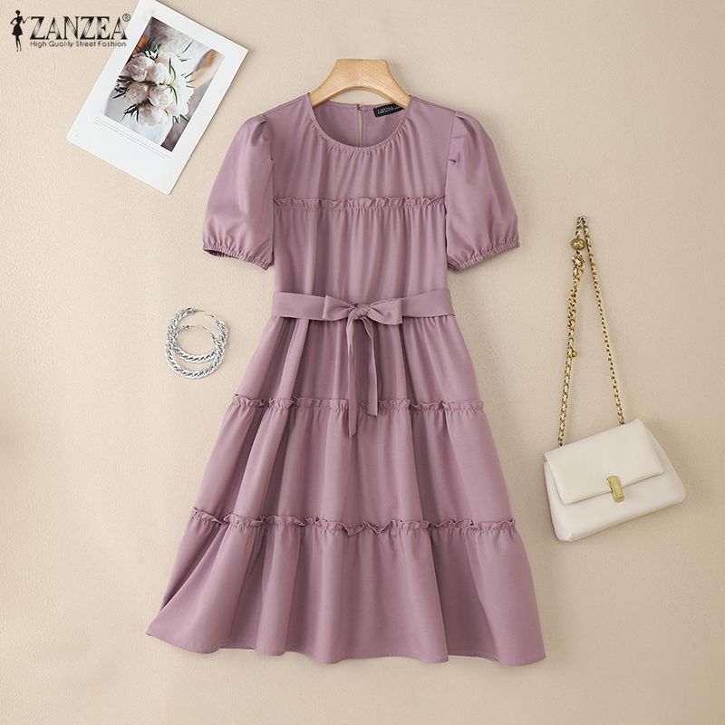 ZANZEA Women Casual Round Neck Summer Short Sleeve Dress