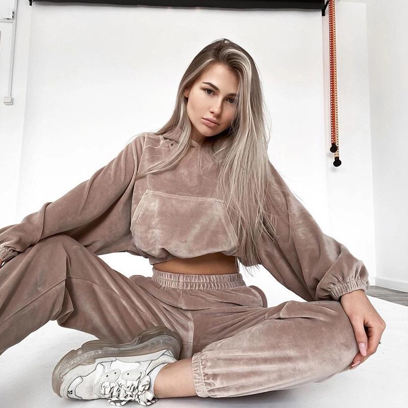 

Women s 2026 Spring/Autumn Hooded Sweatshirt & Long Pants Sports Set S хаки