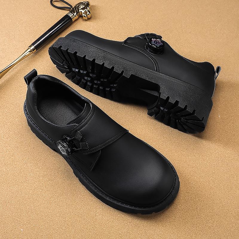 Derby shoes men's spring platform heightening leather spiral button leather shoes men's black big head shoes 2025 spring