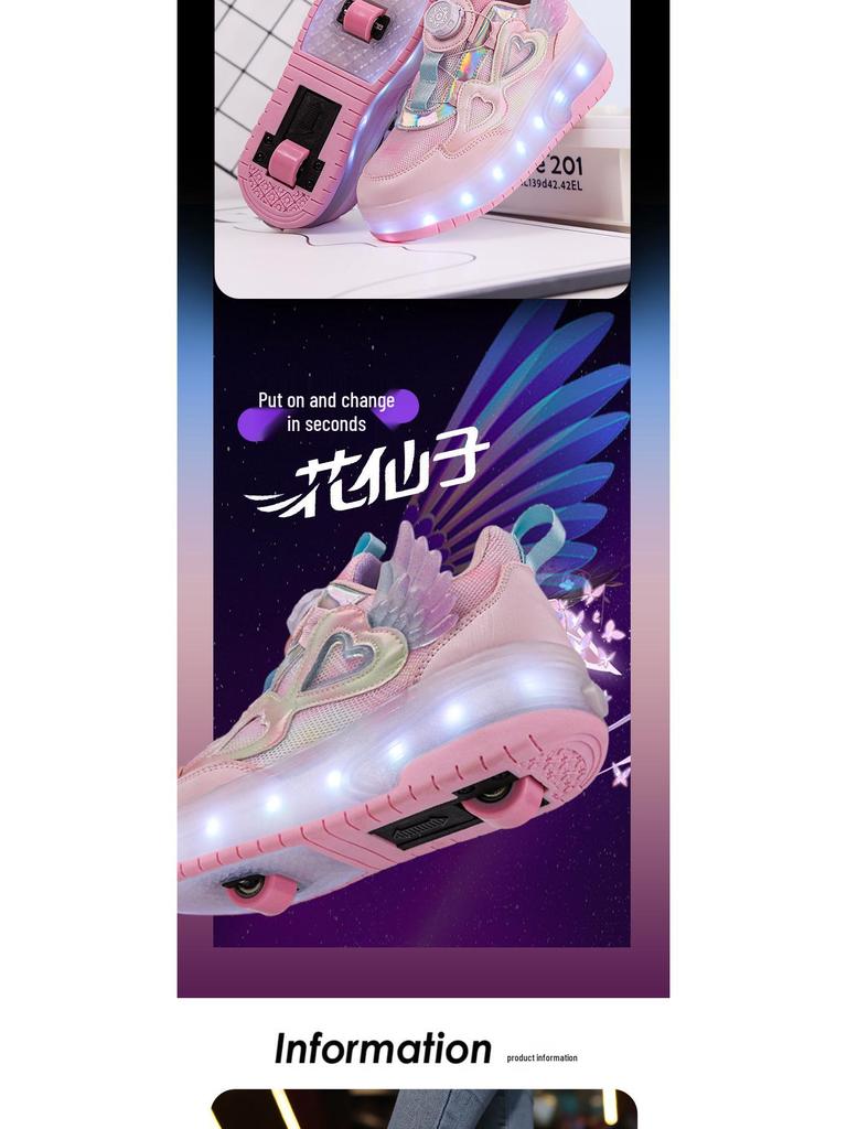 2024 Girls' LED Leather Roller Shoes: Double-Wheel, Removable, Children’s Skating Sneakers