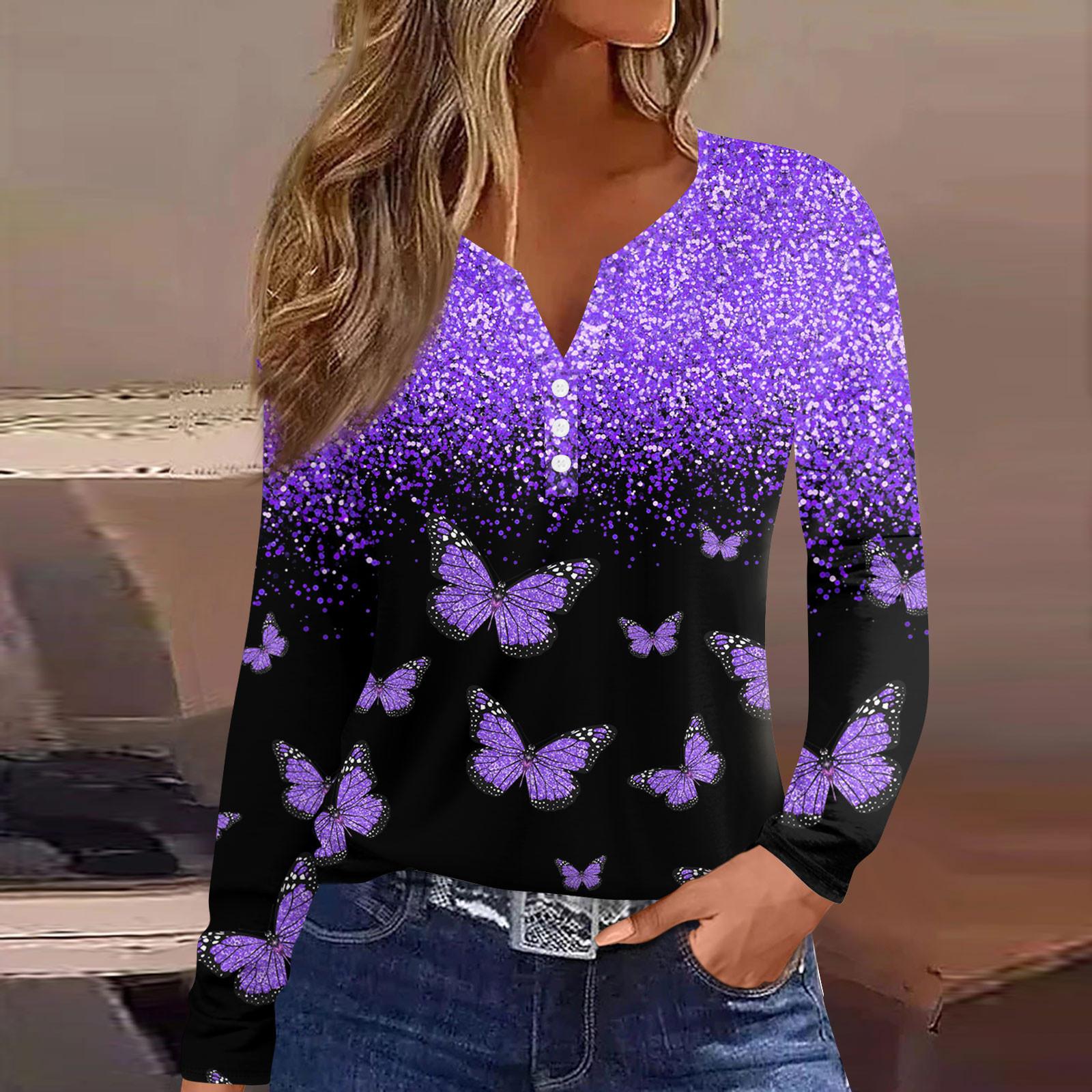 

Женская модная повседневная футболка с v-образным вырезом и длинным рукавом с принтом, топ на пуговицах XXXL фиолетовый