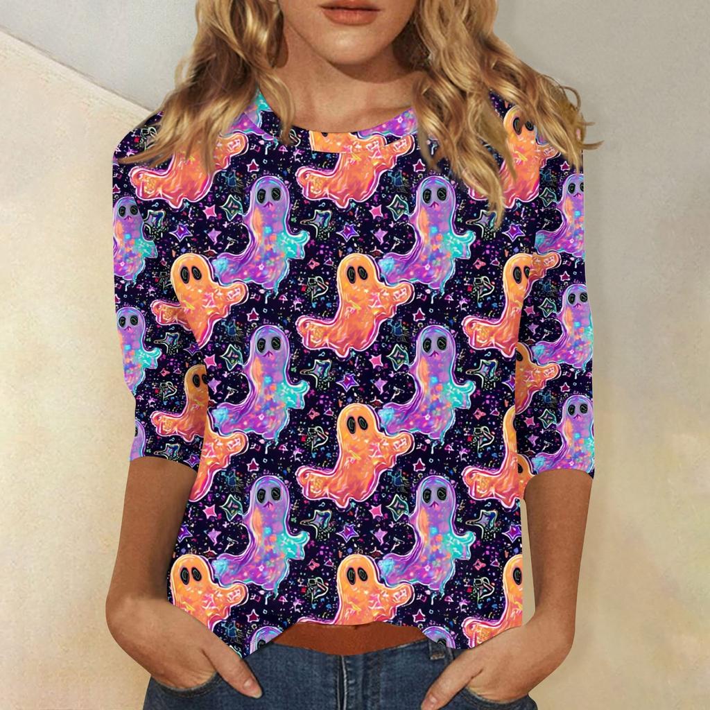 Women's Fashion Casual Round Neck 3/4 Sleeve Loose  Printed T-Shirt Ladies Top