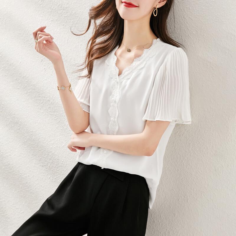 Srcr Women s Ruffled V-Neck Chiffon Short Sleeve Blouse M