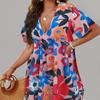 Letní šaty s krátkým rukávem a výstřihem do V Volné šaty Sladké rostlinné květiny Šaty s potiskem Ležérní Plisované šaty Velké velikosti Dámské Oblečení 28060