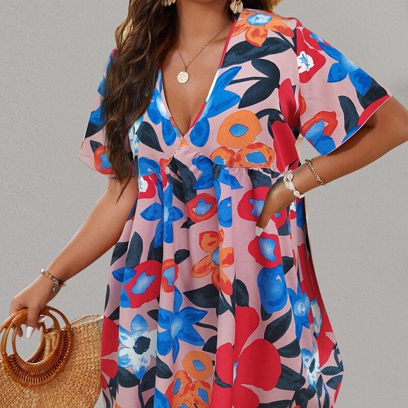 Letní šaty s krátkým rukávem a výstřihem do V Volné šaty Sladké rostlinné květiny Šaty s potiskem Ležérní Plisované šaty Velké velikosti Dámské Oblečení 28060