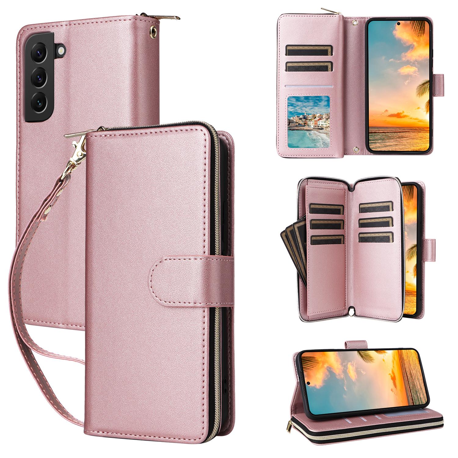 

R20 For Samsung Galaxy S22+ 5G Case Zipper Leather Phone Cover Stand View Rose Gold