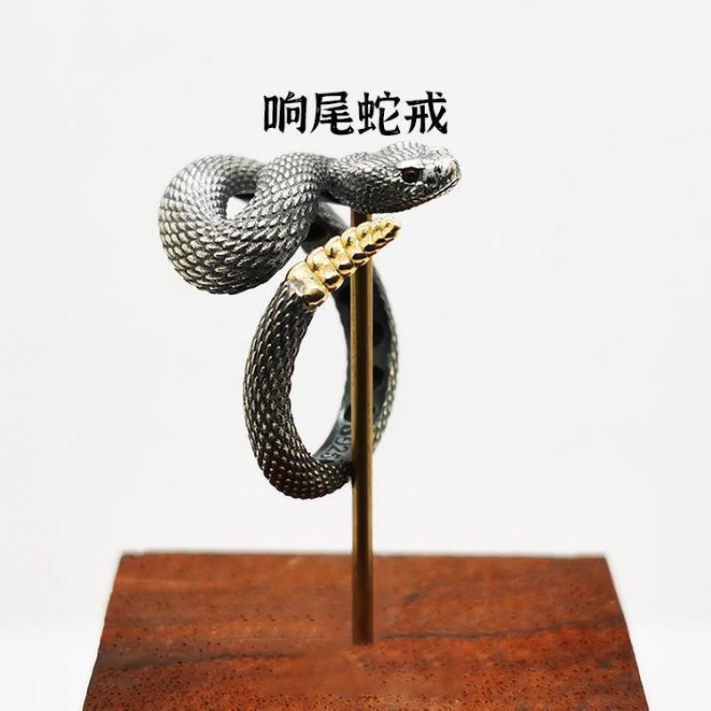 Adjustable Open Ring With Rattlesnake Motif Vintage Style Sterling Unisex Jewelry
