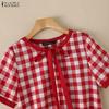 ZANZEA Women Bow Collar Casual Short Sleeve Plaid Print Blouse