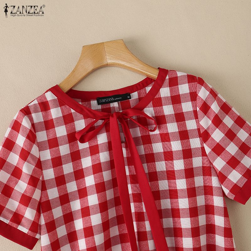 ZANZEA Women Bow Collar Casual Short Sleeve Plaid Print Blouse