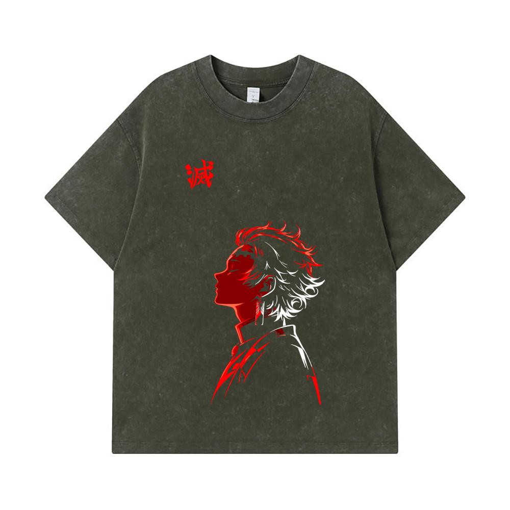 

275 GSM Washed T-shirts 100% Cotton Demon Slayer V108 Tanjiro Print Unisex Heavy Cotton T Shirt S армия зеленый