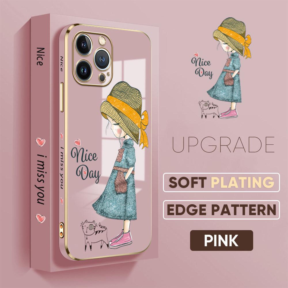 For iPhone 16 15 Max Samsung S24 S23 Plus A15 A35 A53 A73 Xiaomi 11T 12T 13T Redmi 13C Lovely Girl Design Soft Plated TPU Phone Case