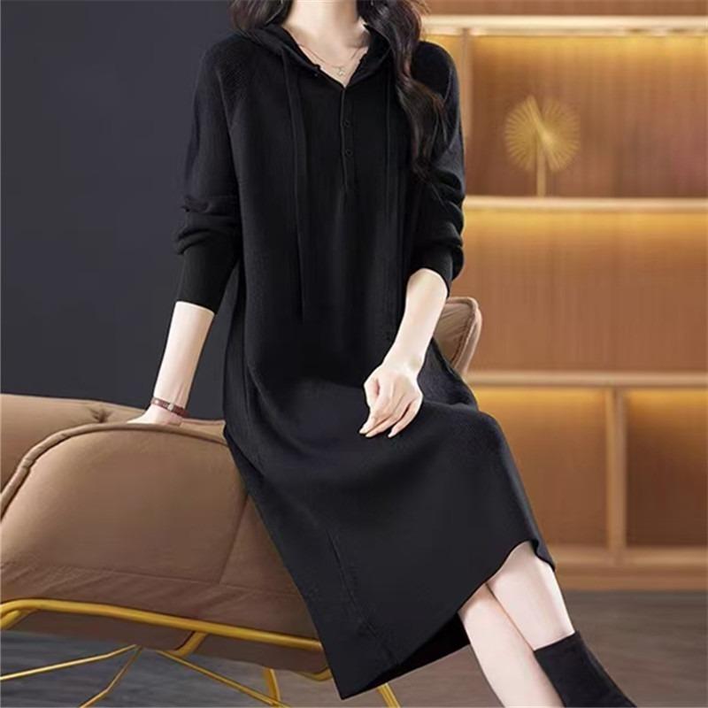 Hooded Autumn and Winter Knitted Dress New Casual Long Loose Women's Sweater Skirt Outer Wear