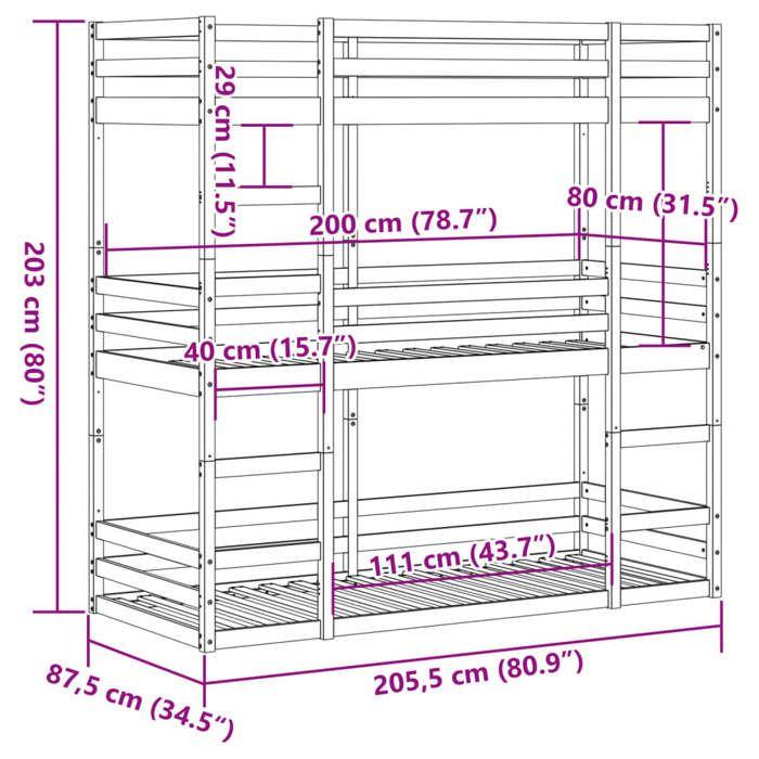 VidaXL Triple Bunk Bed 80x200 Cm Solid Pine Wood, Three-Berth Bunk Bed, Mezzanine Bed, Bunk Bed 3284251