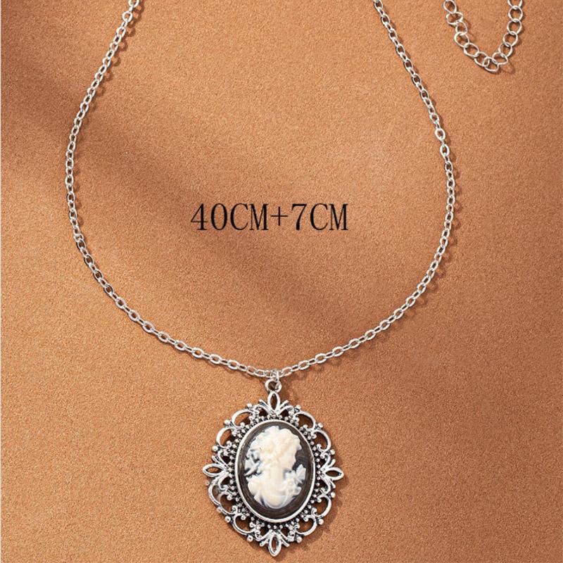 Timeless Silver Color Cameo Pendant Necklace Elegant Oval Unique Pattern Mysterious Necklace For Women Sophisticated Jewelry