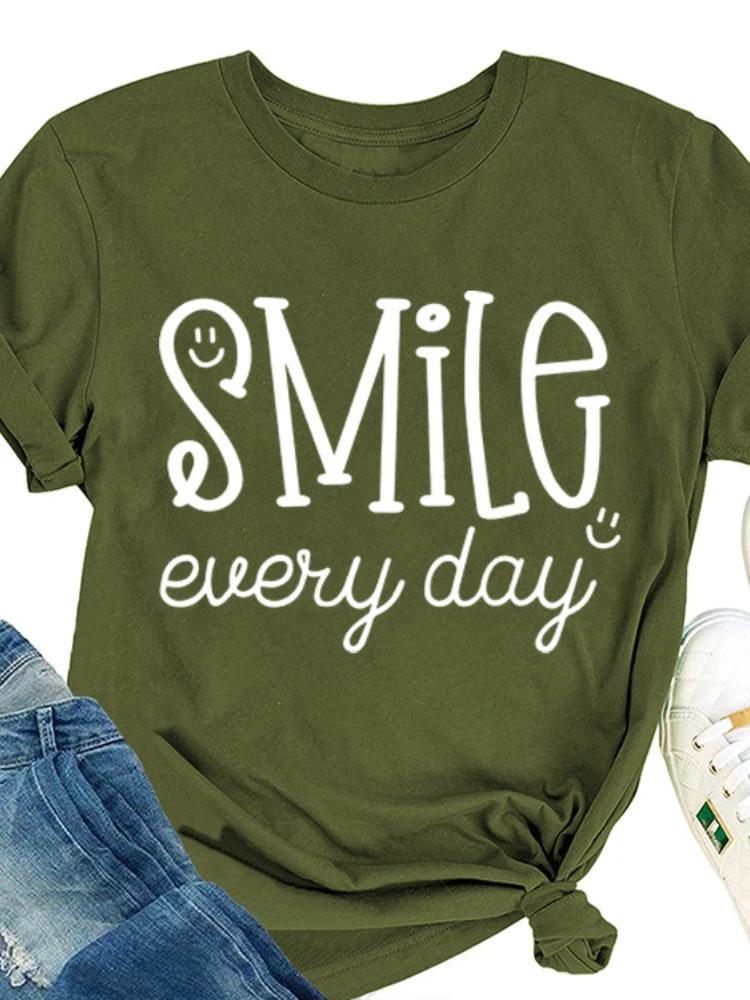 Smile Every Day Print Women T Shirt Short Sleeve O Neck Loose Women Tshirt Ladies Tee Shirt Tops Camisetas Mujer