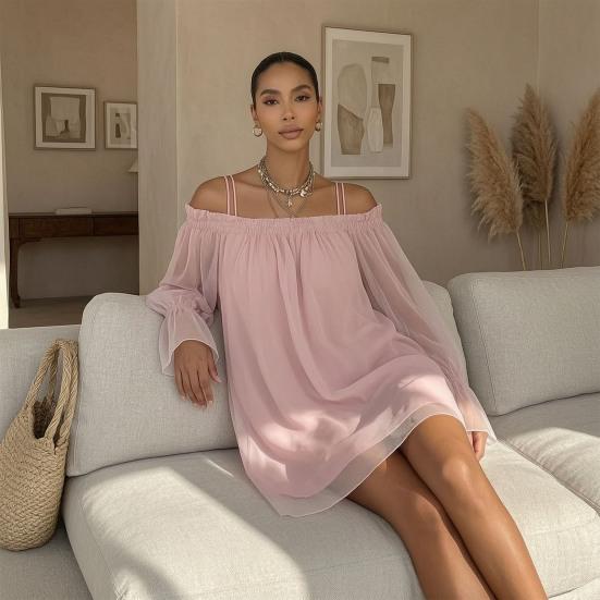 Dames Off Shoulder Mini Jurk, Lange Mouwen Ruches Doorzichtig Mesh Losse Korte Jurk, Casual Feest Uitgaan Clubkleding