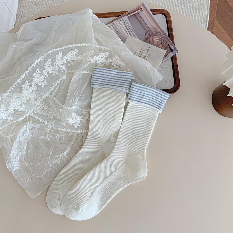 

5pair Autumn And Winter Double Needle Socks Women S Stacking Socks Coffee Blue Series Thousand Bird Grid Retro Medium Tube Socks Women One size fits all