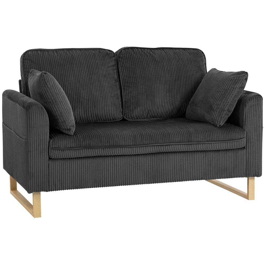 2 Seater Sofa, 140 Cm Loveseat Sofa with Spring Cushions, Metal Legs, 2 Pillows, Dark Grey