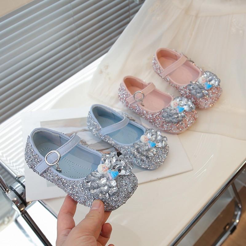 Girls' Elsa Crystal Princess Shoes Spring New Bowknot Children's Baby Leather Shoes Soft Sole Rhinestone Single Shoes