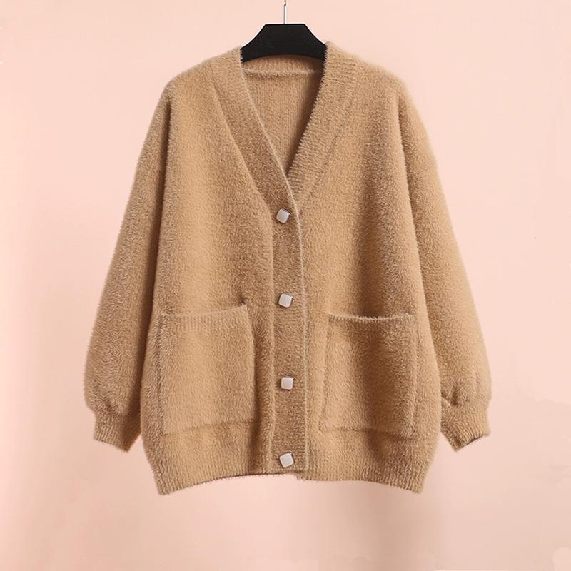 Imitation mink velvet knitted cardigan women's new Korean version autumn and winter versatile loose thickened medium and long outer sweater jacket