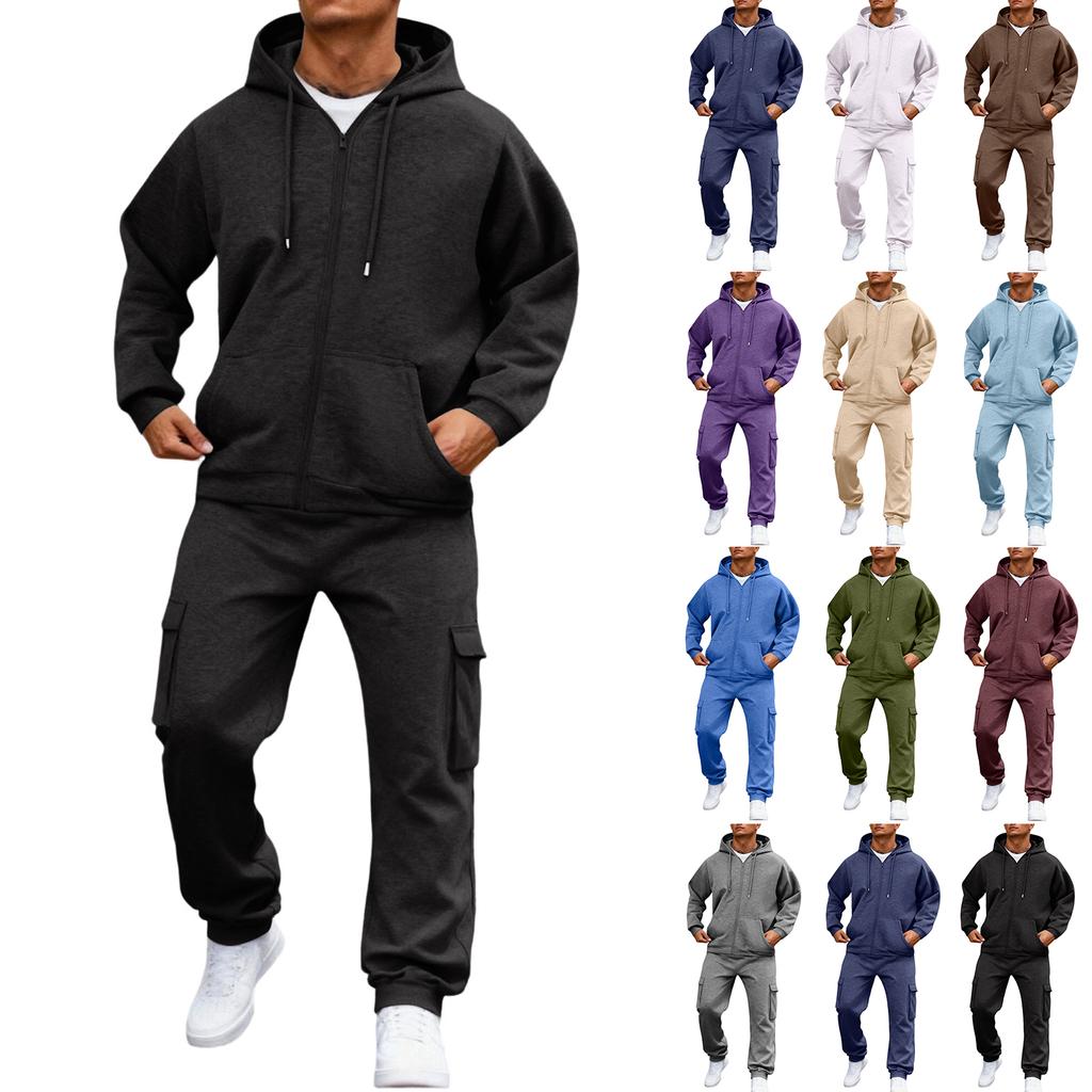 Men's Fleece-Lined Thermal Two-Piece Tracksuit | Color Hooded Sweatshirt Jacket & Elastic Waist Cargo Joggers For Casual Outdoor