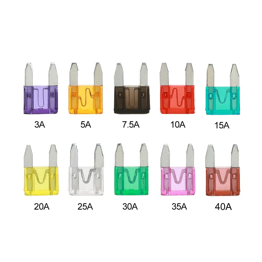 100 szt. Mini Bezpieczniki Ostrzowe Auto Samochód Ciężarowy Zestaw Asortymentowy 40A 3A 5A 7.5A 10A 15A 20A 25A 30A 35A