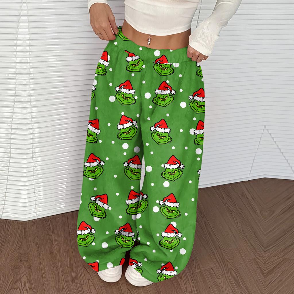 Women's Casual Christmas Print Elastic Waist Loose Fit With Plush Wide Leg Pants