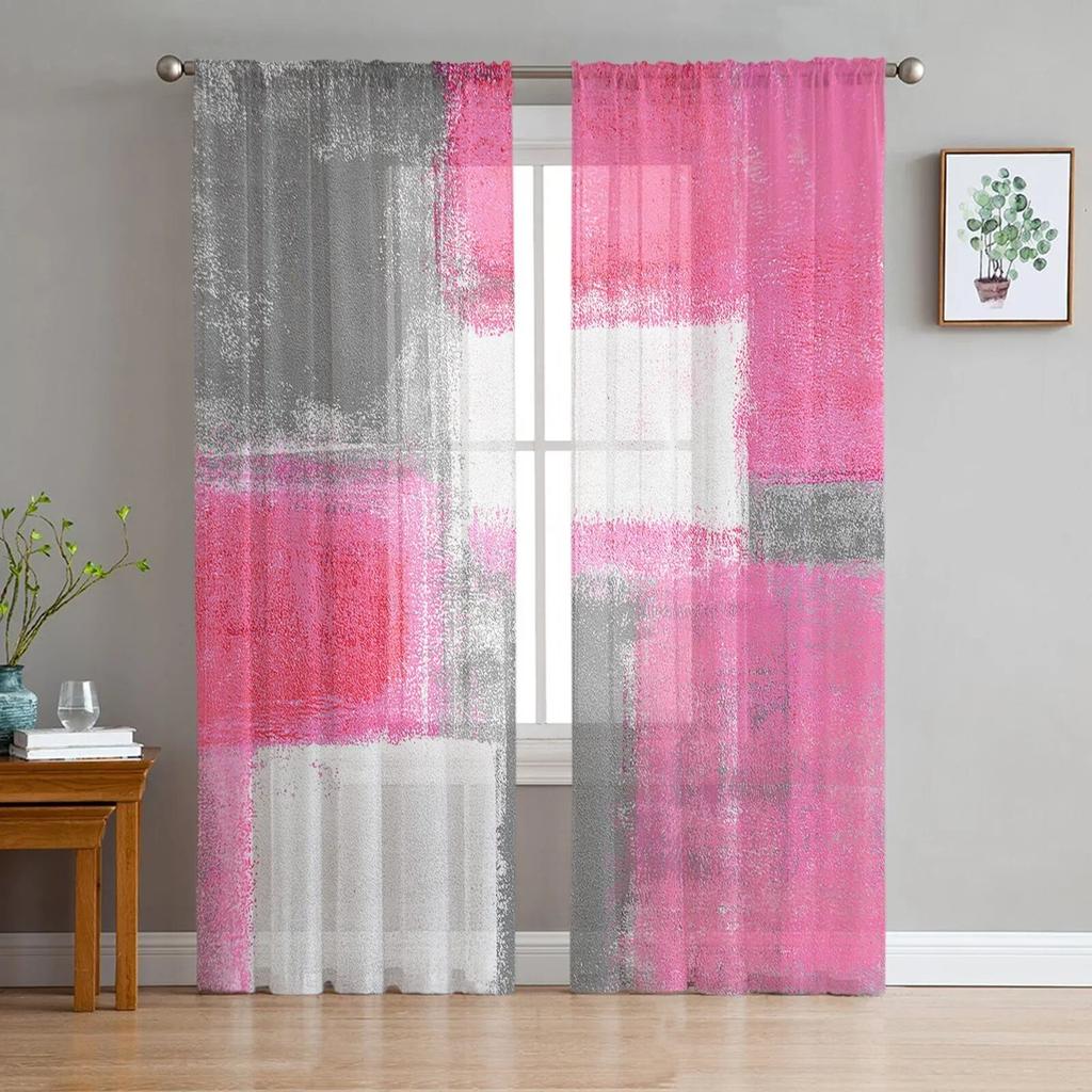 Oil Painting Abstract Texture Pink Bedroom Transparent Sheer Curtains Holiday Decoration Window Voile Tulle Curtain