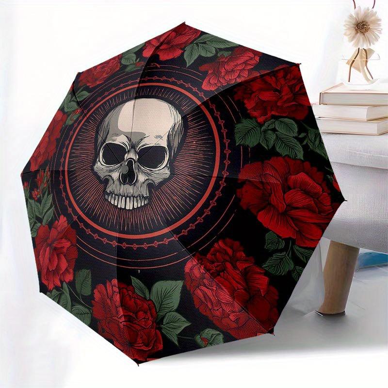 Day of the Dead Skull & Roses Circular Wall ArtUmbrella with Cute Design, Portable 3-Fold Compact Umbrella for Men & Women, Valentine's Day Mother's D