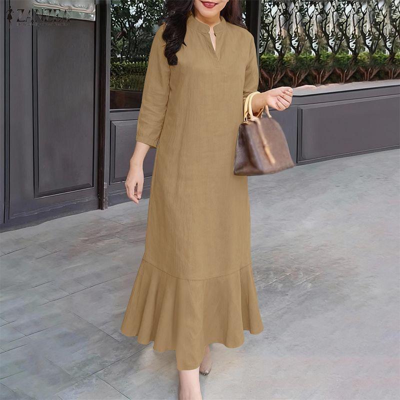 ZANZEA Women Casual V-Neck 3/4 Sleeve Solid Color Long Dress