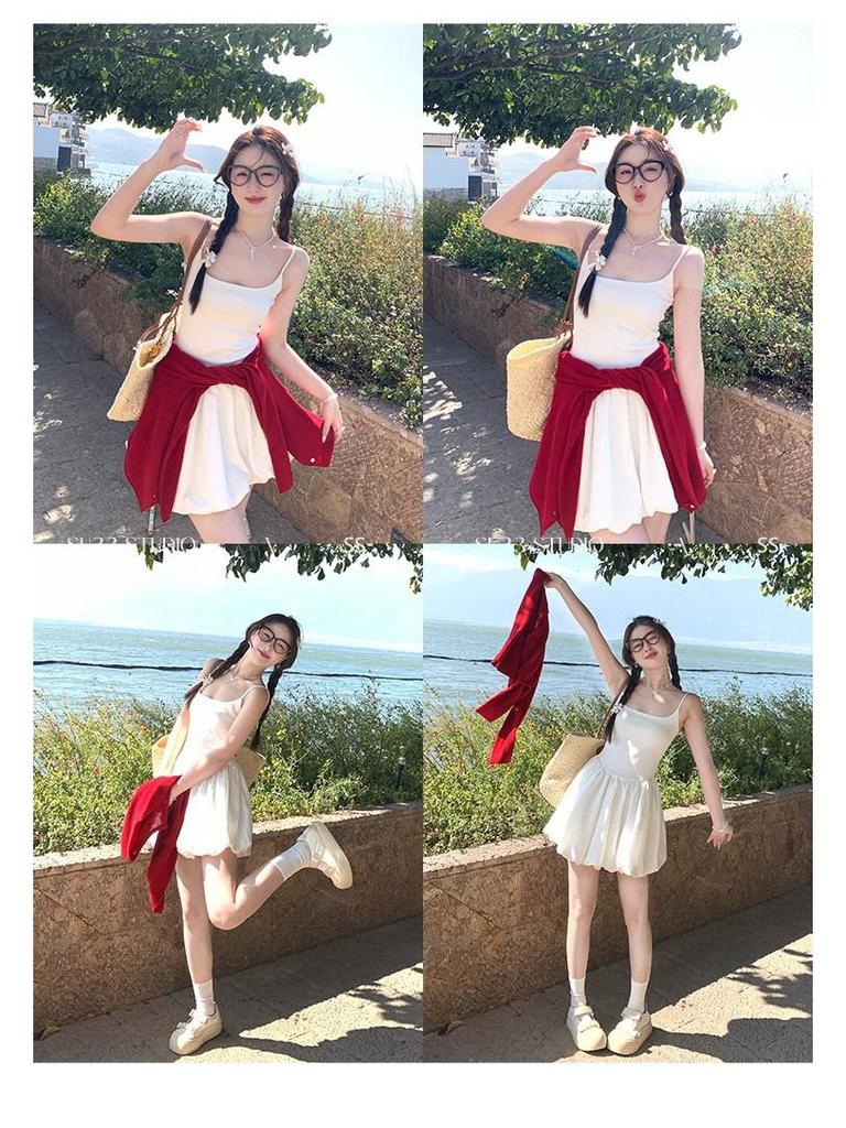 Women's White Ballet-Style Camisole Dress with Waist-Cinching Slim Fit and Bud Skirt Design for Summer 2025