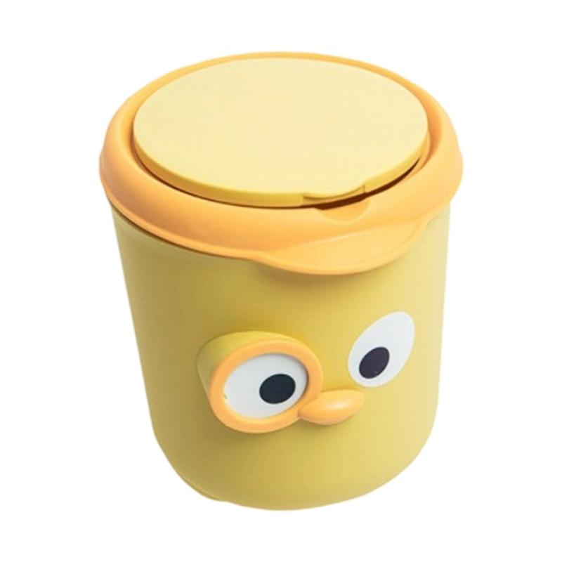 652F Lovely Cartoon Mini Waste Basket with Sealable Lid Trash Can for Small Space
