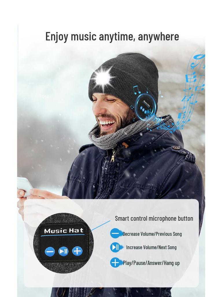 Luminous LED Headlamp Music Hat with Wireless Bluetooth Earphones for Night Running & Fishing