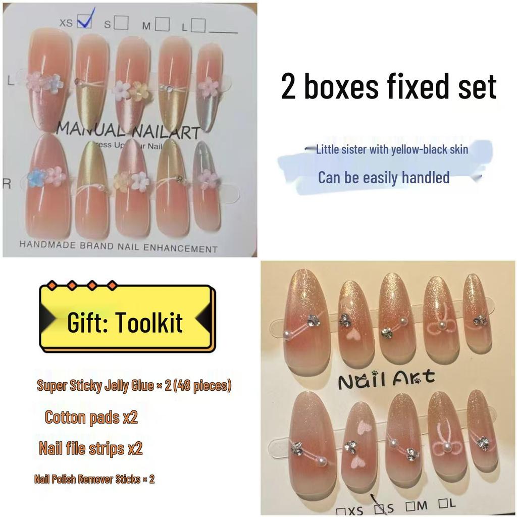 Popular Handmade Heart Bow Pearl Chain Nail Art Tips - Set of 30 Wearable Fake Nails