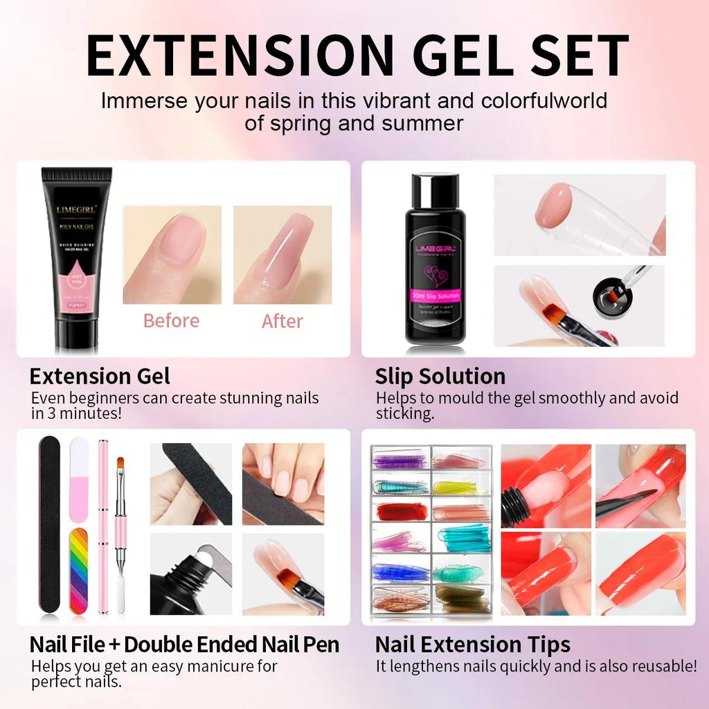 limegirl Extension Nail Gel Polish Set Crystal Building For Nails Poly Acrylic Gel Polish Kit UV Varnish Nail Art Manicure Set