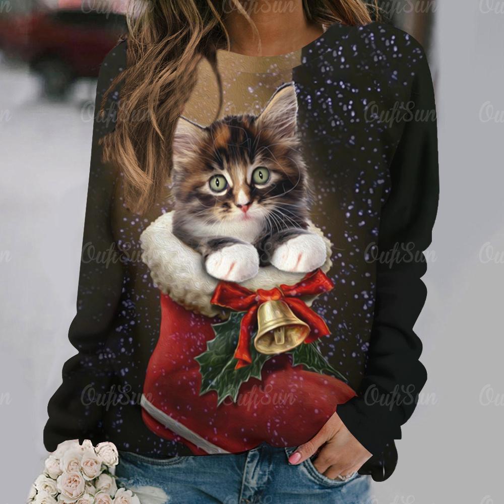 

Женская хлопковая футболка Kawaii с рождественским котенком, осенние топы с длинными рукавами и круглым вырезом, одежда в стиле Харадзюку для женской повседневной блузки 6XL
