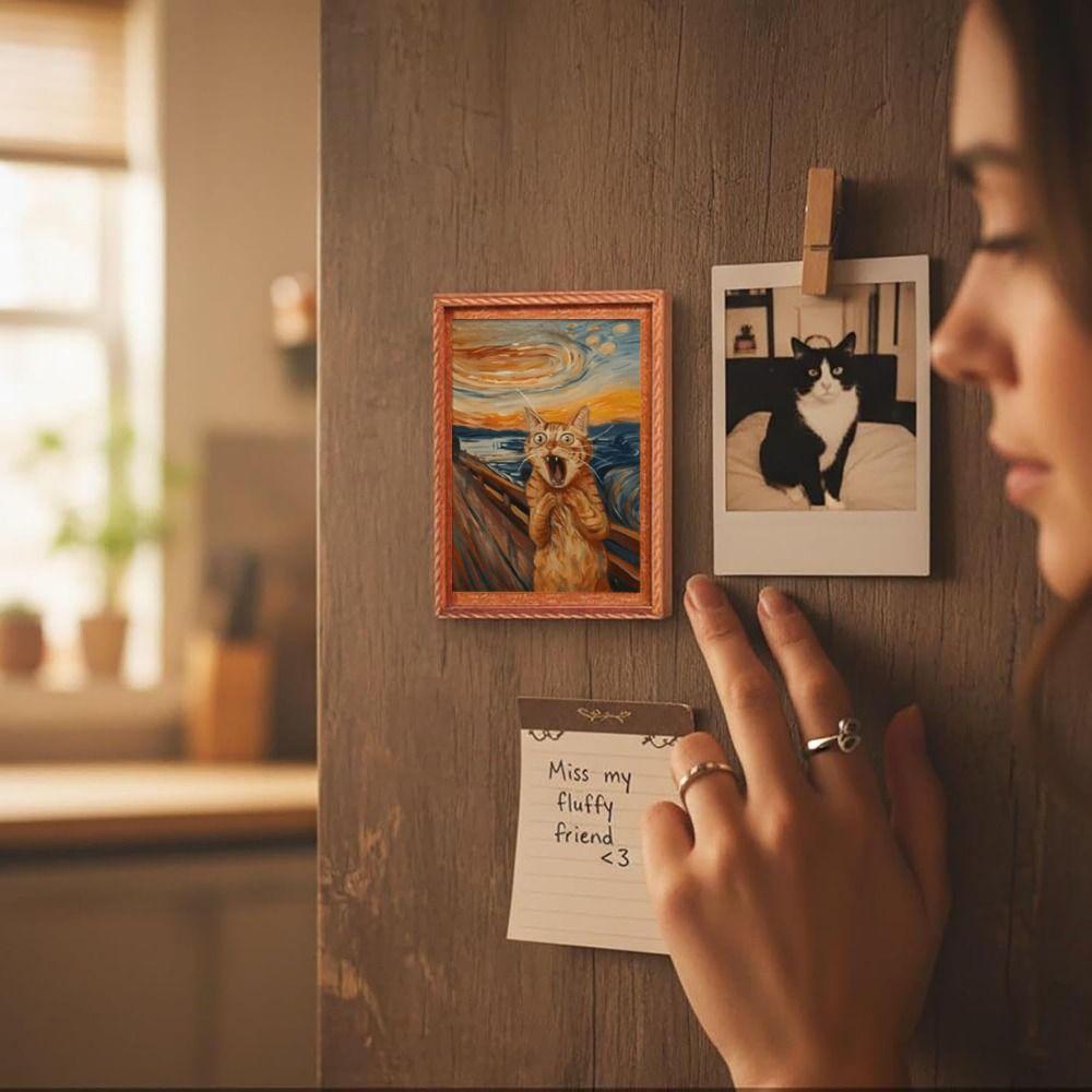 Kattmönster Träram Kylskåpsmagneter Oljemålning Stil Svart Katt Kylskåpsmagneter