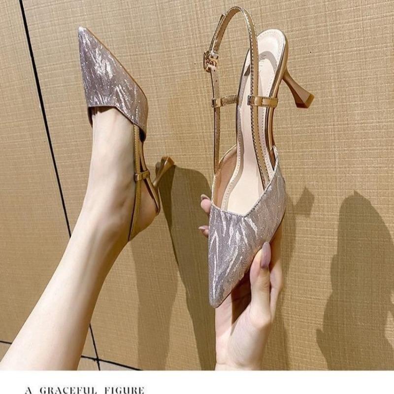 Fashion Summer Pointed Toe Women's Shallow Mouth High Heels French Versatile Stiletto Wrapped Head One Buckle Strap Fashion Sandals