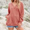 Women's Solid Color Sweater Hooded V-neck Strip Loose Pocket Pullover Top