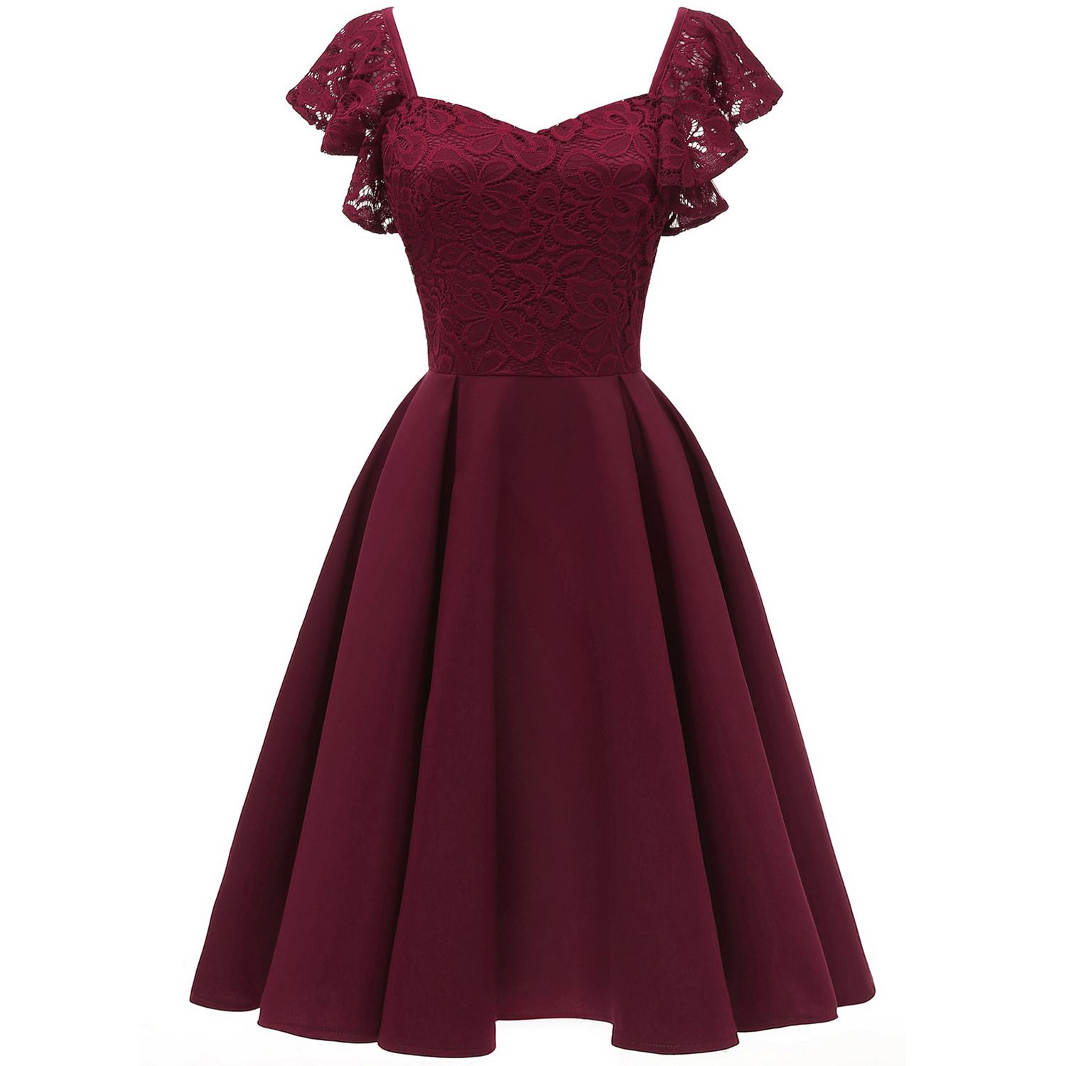 

Жен. Свободное платье с v-образным вырезом и оборками на рукавах Цветочное кружево Облегающий крой Шикарный винтаж 50-х годов Элегантный коктейльный вечерний наряд Формальная одежда для особых случаев M бордовый