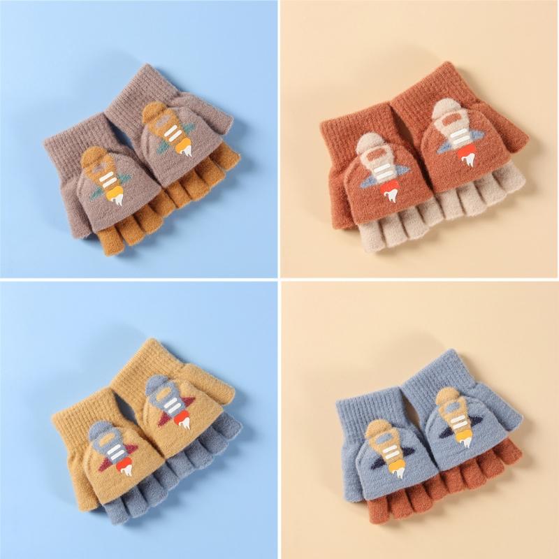 Convertible Gloves Winter Half Finger Mittens Stretchy Knit Fingerless Gloves with Soft Cover for Kids Teens Kawaii