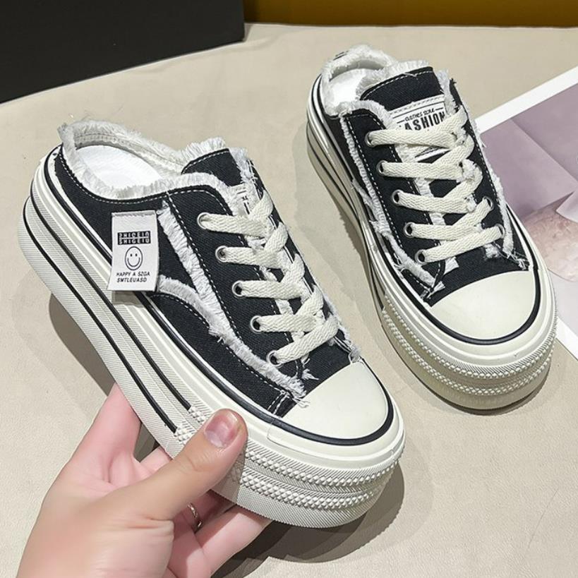 fashion New Canvas Shoes Women Casual Designer Vulcanize Shoes Half Slippers Soft Loafers Platform Height Increasing Platform Slippers