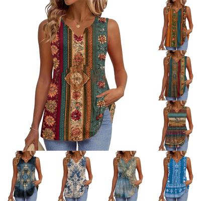 Women's Fashionable New Retro Floral Textured V-neck Loose Casual Flowy Sleeveless Vest Top