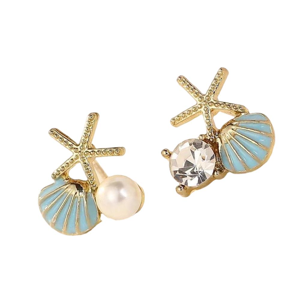 Asymmetric Starfish Earrings Stud Elegant Starfish Pearls Earrings With Crystal Zircons Marine Inspired Jewelry