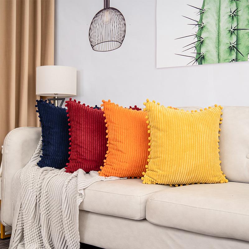 2PCS Boho Chic Corduroy Throw Pillow Cover with Pom-Poms - Soft, Striped Square Cushion Case for Living Room & Bedroom Decor, Perfect for Weddings